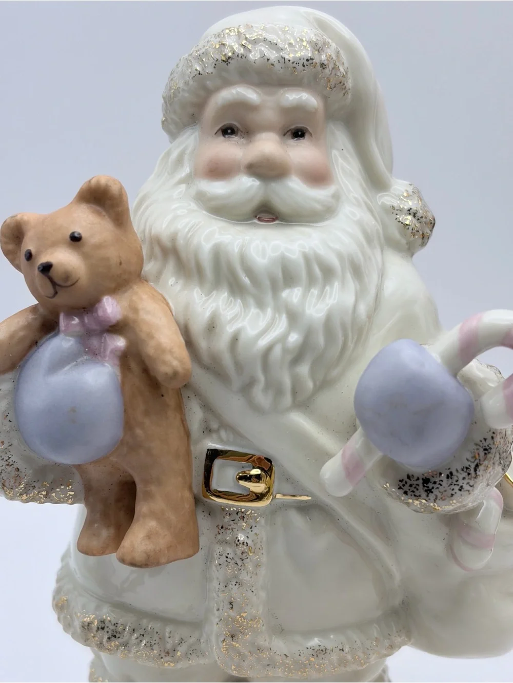 Lenox Santa Figurine, Violet/Gold Trim, Sack of Toys, Teddy Bear, Drum. So cute!